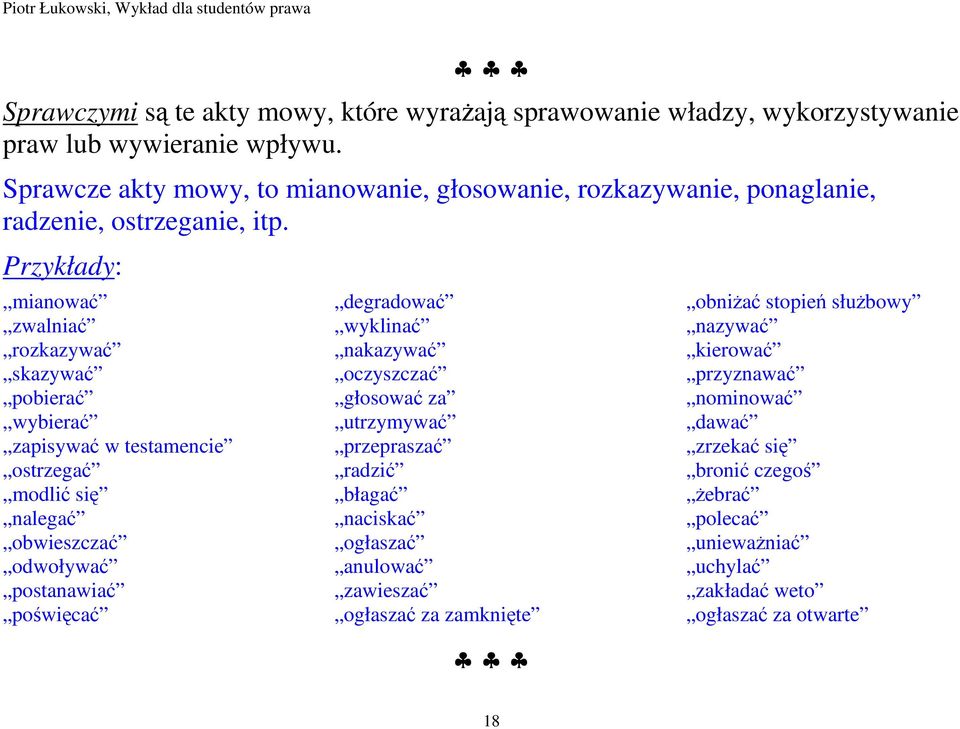 Przykłady: mianować degradować obniŝać stopień słuŝbowy zwalniać wyklinać nazywać rozkazywać nakazywać kierować skazywać oczyszczać przyznawać pobierać głosować za