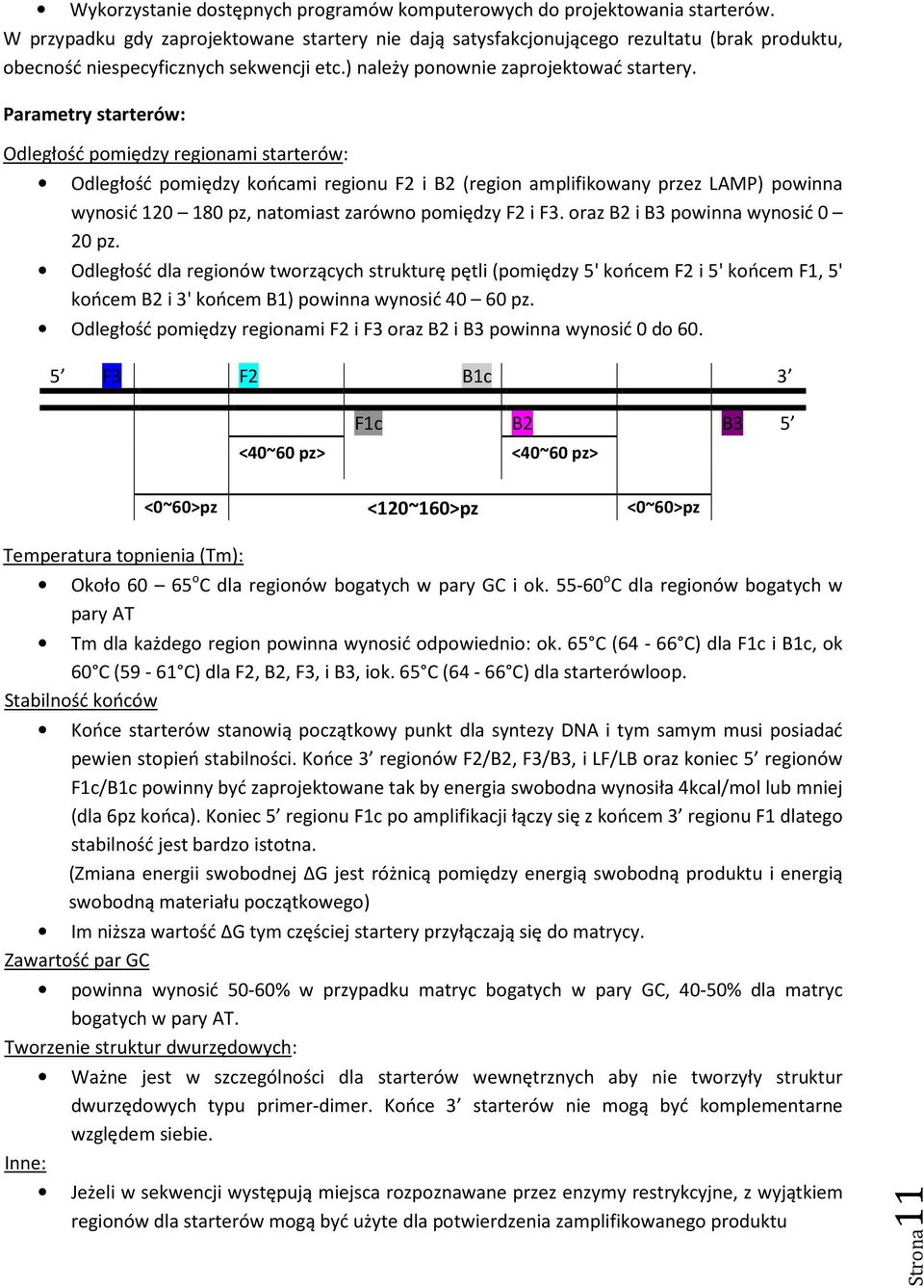 Parametry starterów: Odległość pomiędzy regionami starterów: Odległość pomiędzy końcami regionu F2 i B2 (region amplifikowany przez LAMP) powinna wynosić 120 180 pz, natomiast zarówno pomiędzy F2 i