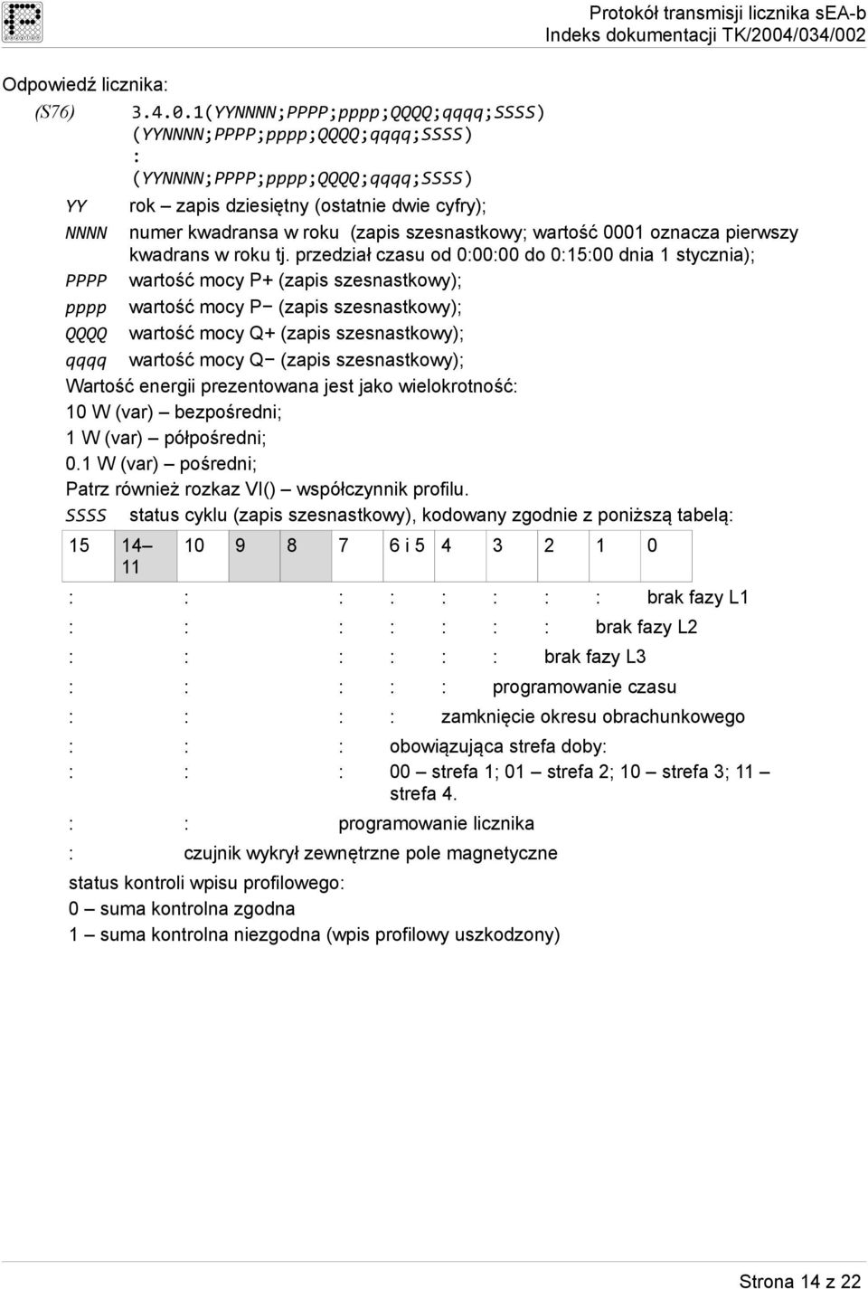 kwadransa w roku (zapis szesnastkowy; wartość 0001 oznacza pierwszy kwadrans w roku tj.