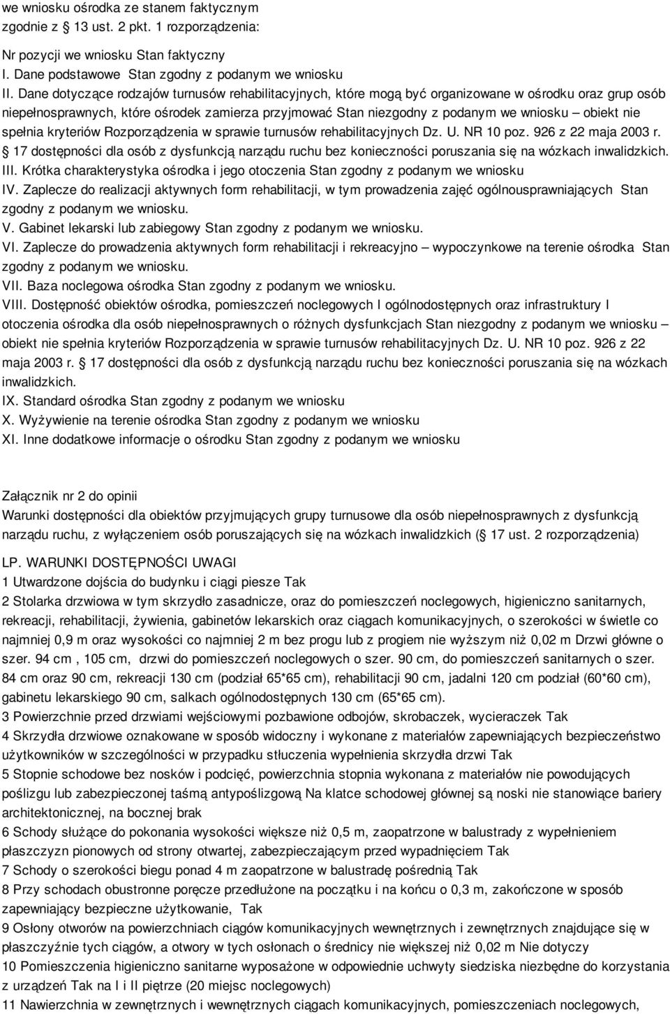 obiekt nie spełnia kryteriów Rozporządzenia w sprawie turnusów rehabilitacyjnych Dz. U. NR 10 poz. 926 z 22 maja 2003 r.