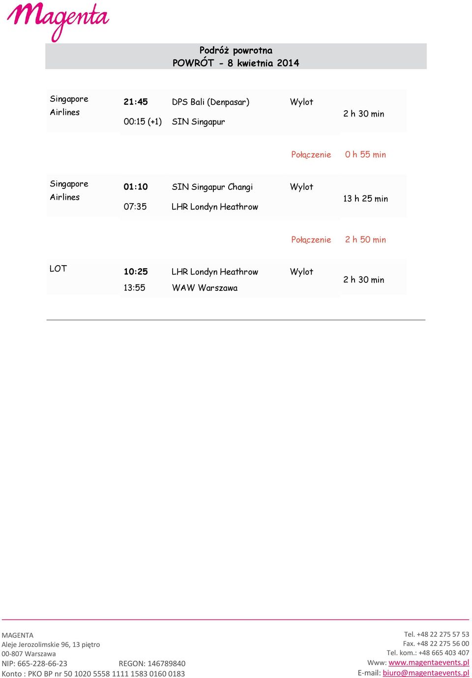 Singapore Airlines 01:10 SIN Singapur Changi Wylot 07:35 LHR Londyn Heathrow 13 h