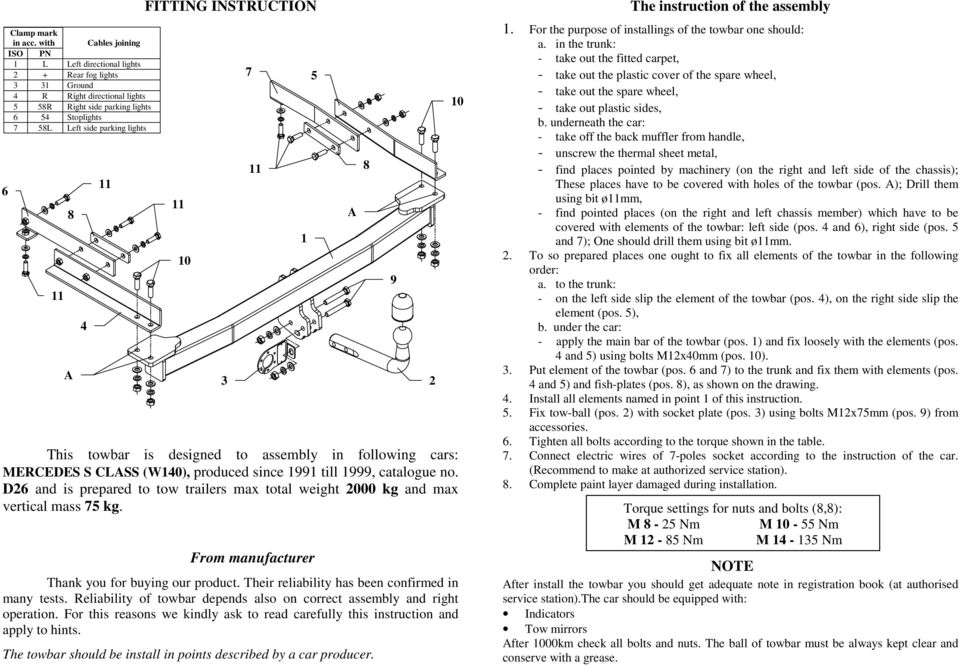 FITTING INSTRUCTION 3 This towbar is designed to assembly in following cars: MERCEDES S CLSS (W140), produced since 1991 till 1999, catalogue no.