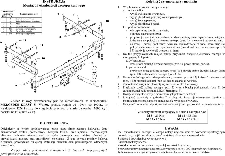 , nr katalogowy D26 i słuŝy do ciągnięcia przyczep o masie całkowitej 2000 kg i nacisku na kulę max 75 kg. OD PRODUCENT Dziękujemy za wybór produkowanego przez naszą firmę zaczepu kulowego.