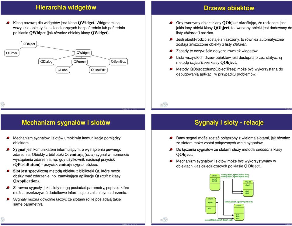 QObject QTimer QWidget QDialog QFrame QSpinBox QLabel QLineEdit Gdy tworzymy obiekt klasy QObject określajac, że rodzicem jest jakiś inny obiekt klasy QObject, to tworzony obiekt jest dodawany do