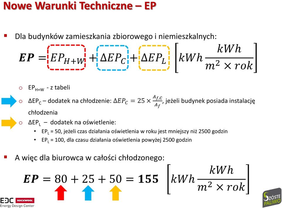 dodatek na oświetlenie: EP L = 50, jeżeli czas działania oświetlenia w roku jest mniejszy niż 2500 godzin EP L = 100, dla