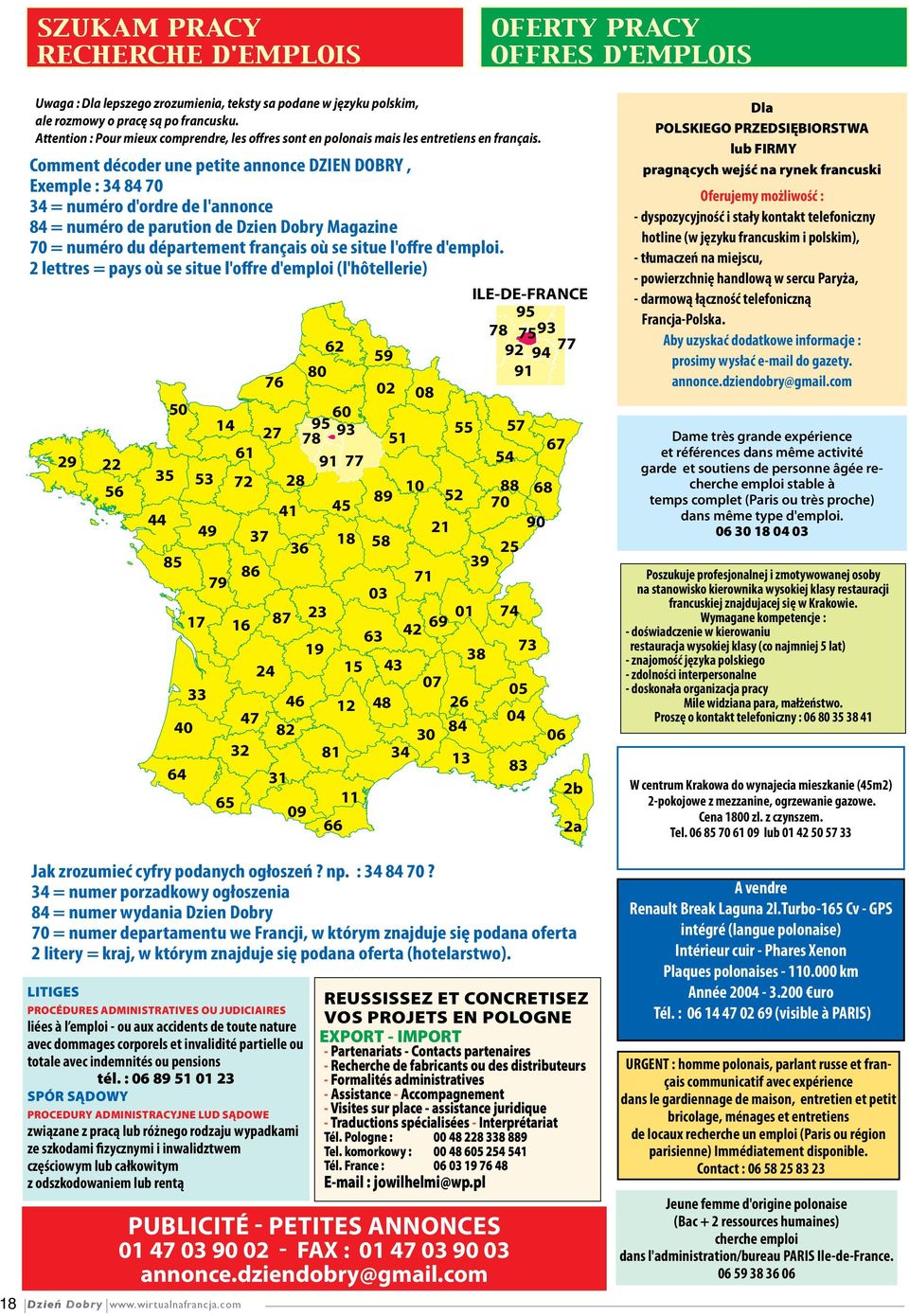 Comment décoder une petite annonce DZIEN DOBRY, Exemple : 34 84 70 34 = numéro d'ordre de l'annonce 84 = numéro de parution de Dzien Dobry Magazine 70 = numéro du département français où se situe