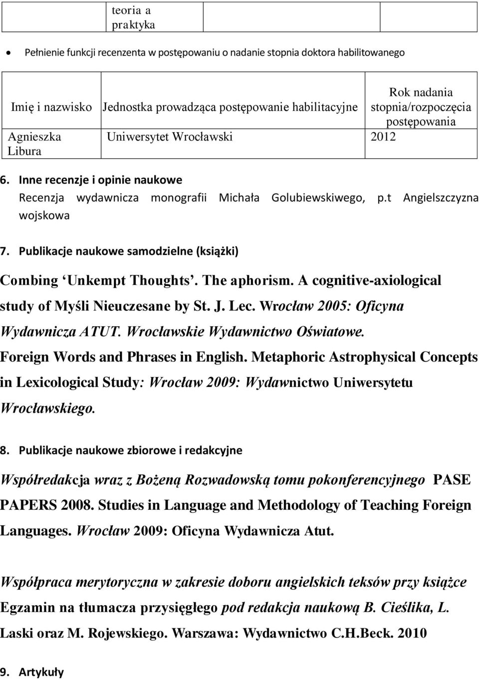 Publikacje naukowe samodzielne (książki) Combing Unkempt Thoughts. The aphorism. A cognitive-axiological study of Myśli Nieuczesane by St. J. Lec. Wrocław 2005: Oficyna Wydawnicza ATUT.