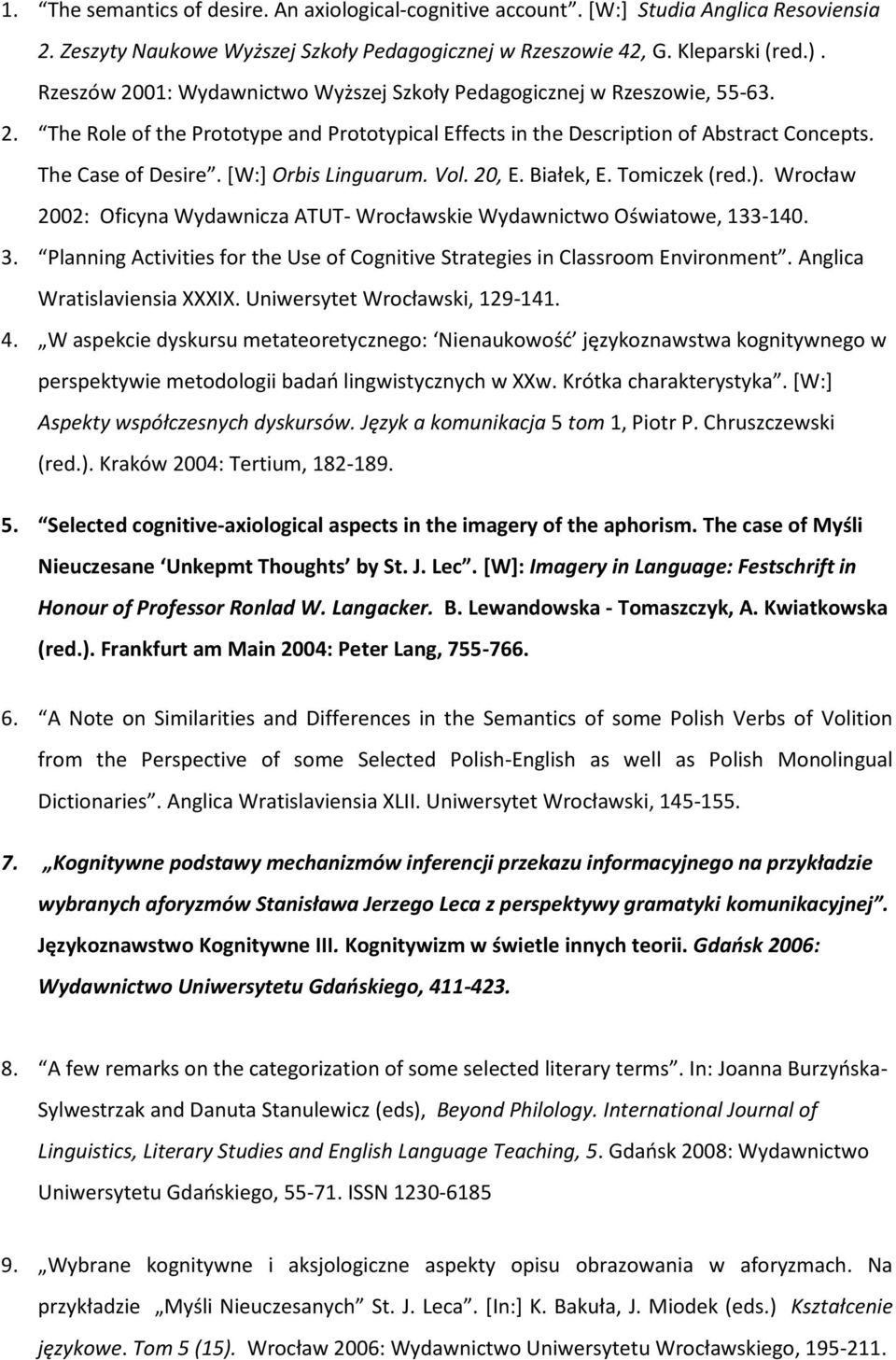 [W:] Orbis Linguarum. Vol. 20, E. Białek, E. Tomiczek (red.). Wrocław 2002: Oficyna Wydawnicza ATUT- Wrocławskie Wydawnictwo Oświatowe, 133-140. 3.