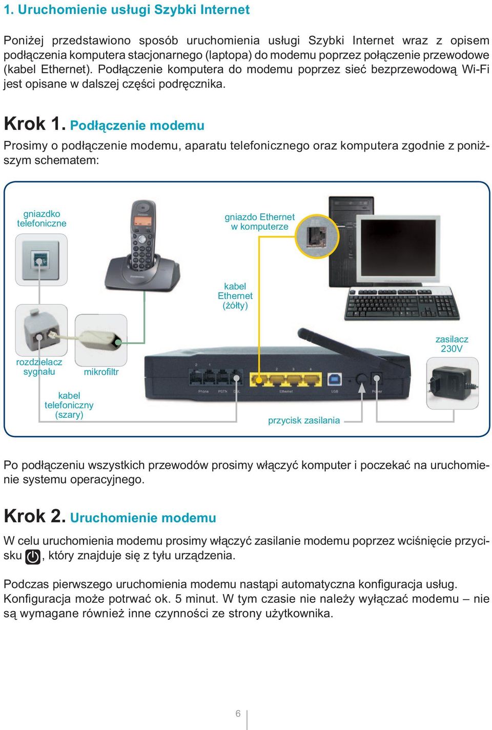 Podłączenie modemu Prosimy o podłączenie modemu, aparatu telefonicznego oraz komputera zgodnie z poniższym schematem: gniazdko telefoniczne gniazdo Ethernet w komputerze kabel Ethernet (żółty)