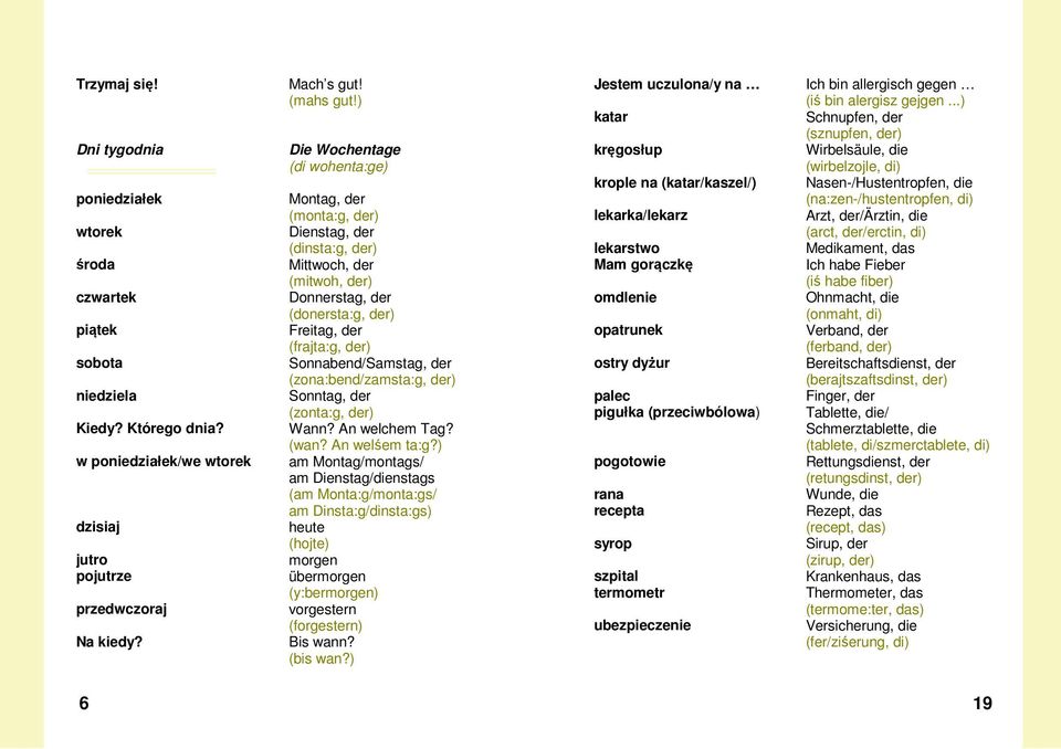 der (zona:bend/zamsta:g, der) Sonntag, der (zonta:g, der) Wann? An welchem Tag? (wan? An welśem ta:g?