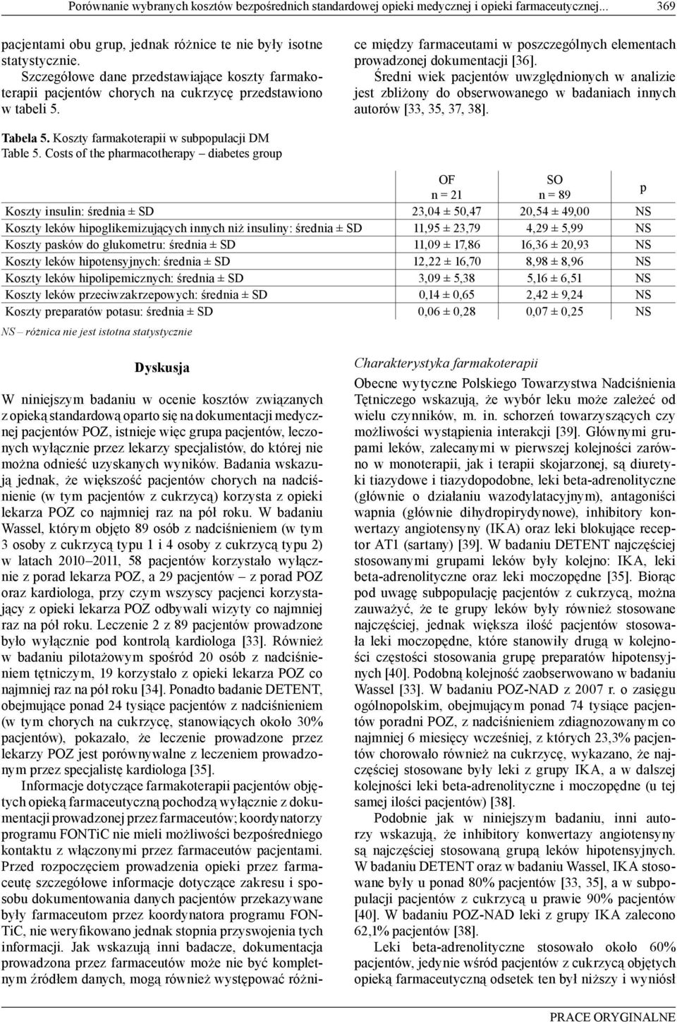 Średni wiek pacjentów uwzględnionych w analizie jest zbliżony do obserwowanego w badaniach innych autorów [33, 35, 37, 38]. Tabela 5. Koszty farmakoterapii w subpopulacji DM Table 5.