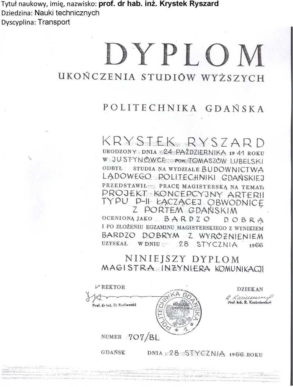 Krystek Ryszard Dziedzina: