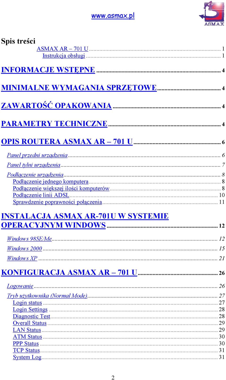 .. 10 Sprawdzenie poprawności połączenia... 11 INSTALACJA ASMAX AR-701U W SYSTEMIE OPERACYJNYM WINDOWS... 12 Windows 98SE/Me... 12 Windows 2000... 15 Windows XP... 21 KONFIGURACJA ASMAX AR 701 U.