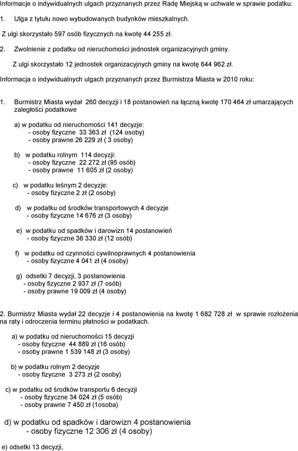 Informacja o indywidualnych ulgach przyznanych przez Burmistrza Miasta w 2010 roku: 1.