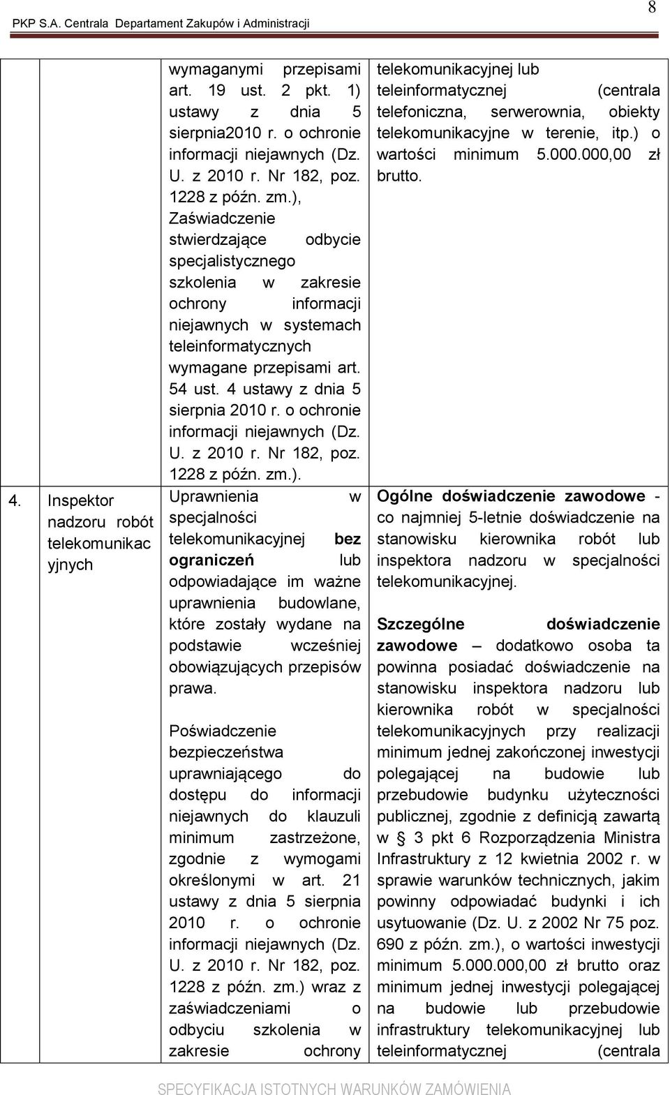 4 ustawy z dnia 5 sierpnia 2010 r. o ochronie informacji niejawnych (Dz. U. z 2010 r. Nr 182, poz. 1228 z późn. zm.).