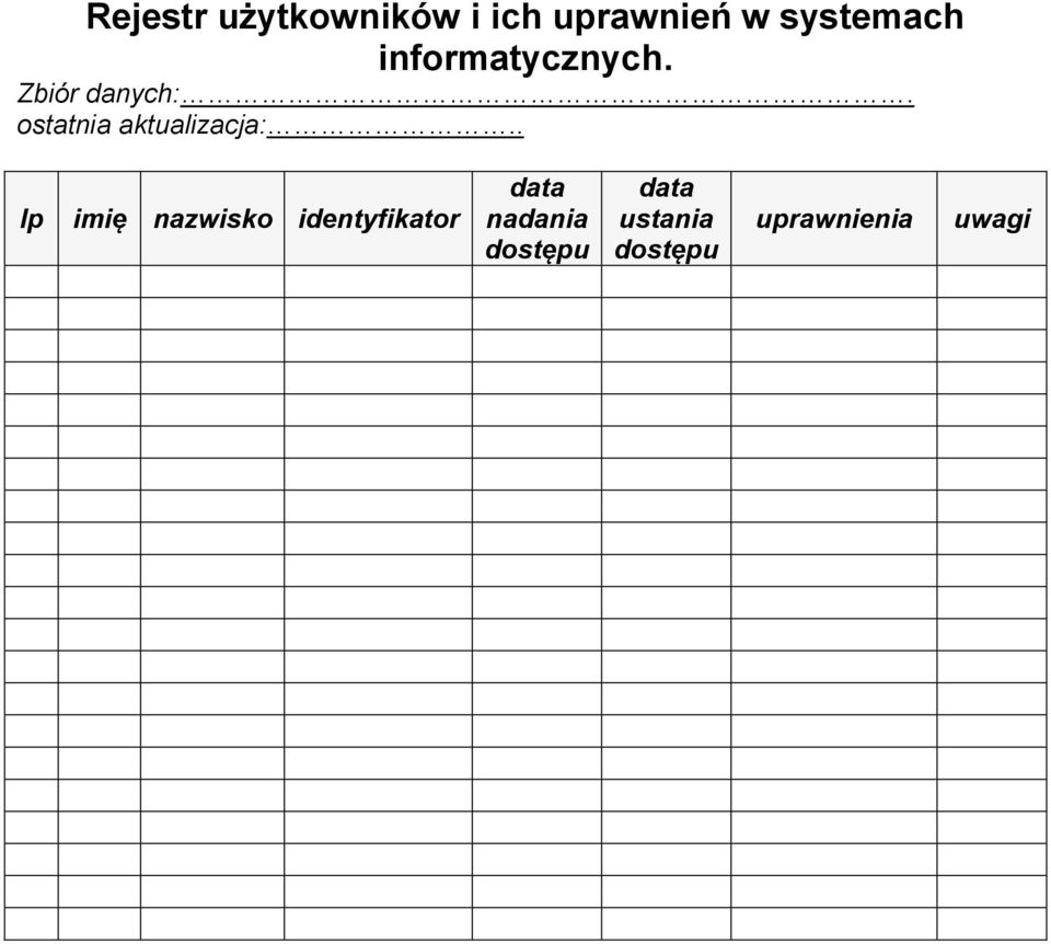 . lp imię nazwisko identyfikator 1. 2. 3. 4. 5. 6. 7. 8. 9. 10. 11.