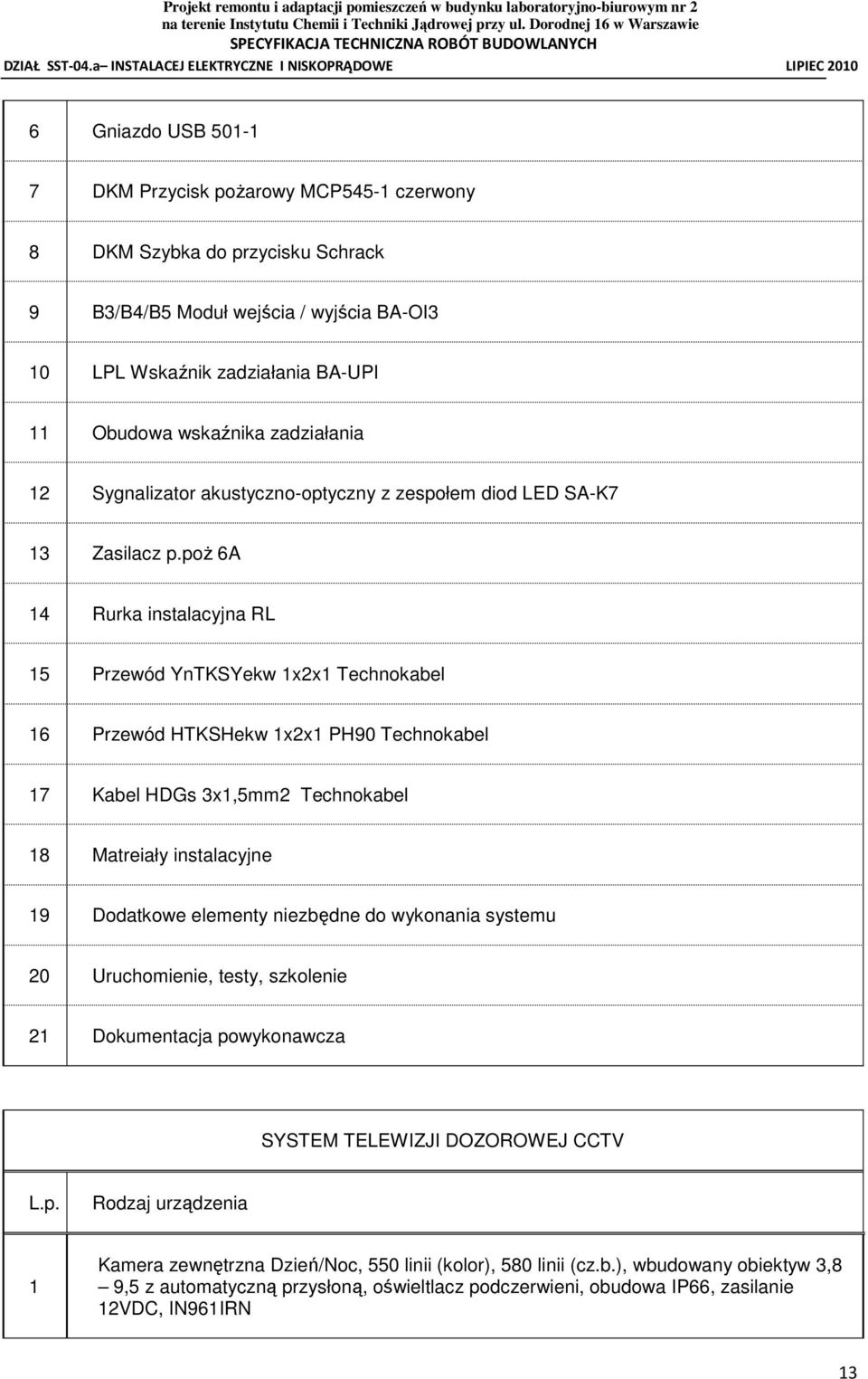 poŝ 6A 14 Rurka instalacyjna RL 15 Przewód YnTKSYekw 1x2x1 Technokabel 16 Przewód HTKSHekw 1x2x1 PH90 Technokabel 17 Kabel HDGs 3x1,5mm2 Technokabel 18 Matreiały instalacyjne 19 Dodatkowe elementy