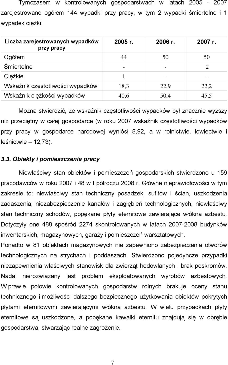 przy pracy Ogółem 44 50 50 Śmiertelne - - 2 Ciężkie 1 - - Wskaźnik częstotliwości wypadków 18,3 22,9 22,2 Wskaźnik ciężkości wypadków 40,6 50,4 45,5 Można stwierdzić, że wskaźnik częstotliwości