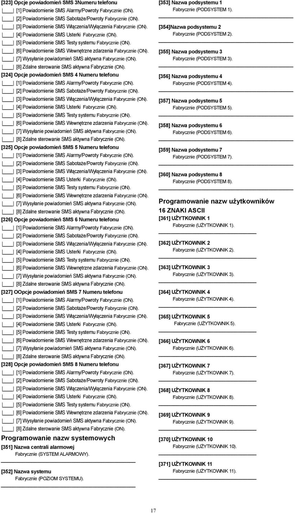 [6] Powiadomienie SMS Wewnętrzne zdarzenia Fabrycznie (ON). [7] Wysyłanie powiadomień SMS aktywna Fabrycznie (ON). [8] Zdalne sterowanie SMS aktywna Fabrycznie (ON).