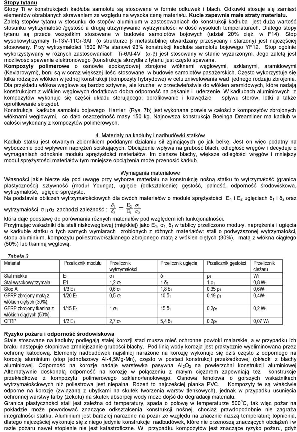 Zaletą stopów tytanu w stosunku do stopów aluminium w zastosowaniach do konstrukcji kadłuba jest duża wartość stosunku wytrzymałość /gęstość a drugą utrzymywanie wytrzymałości w dość wysokich