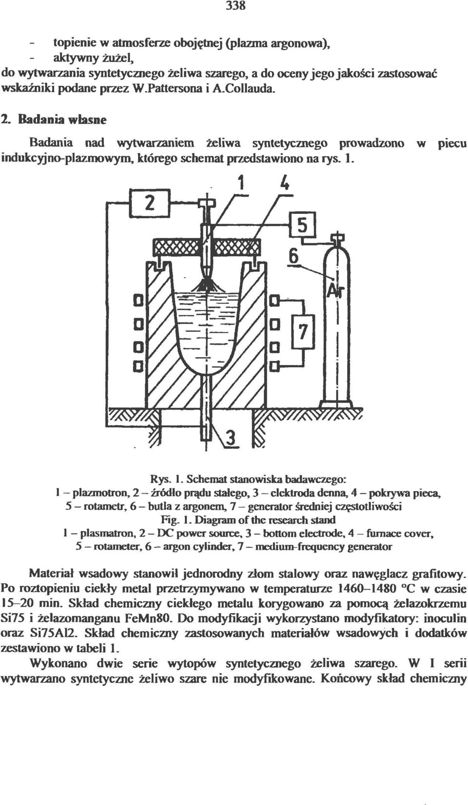 , Rys. l. Schemat stanowiska badawczego: l - plazmotron, 2 -źródło prądu stałego, 3 - elektroda denna, 4 - pokrywa pieca, 5 - rotametr, 6-butla z mgonem. 7-generator średniej częstotliwości Fig.