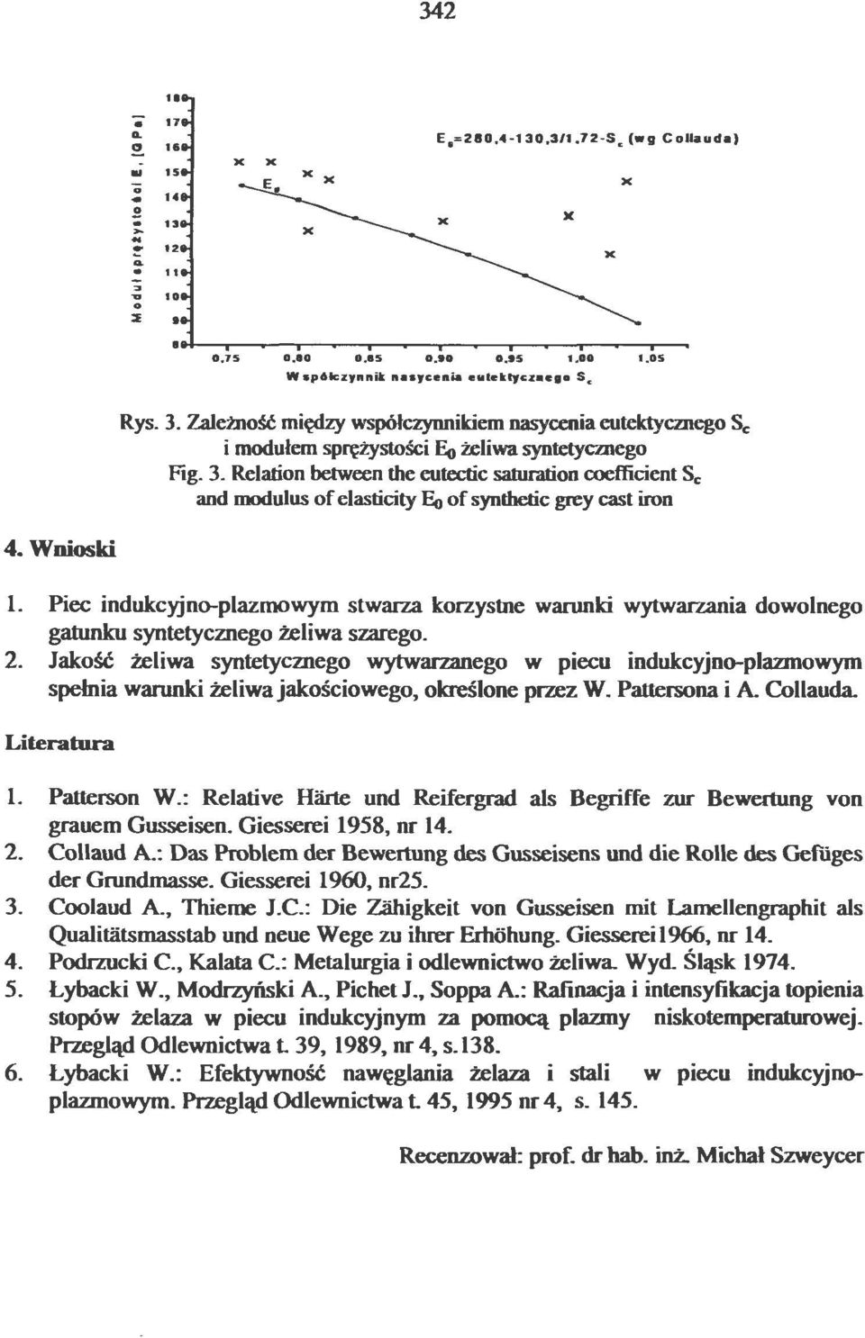 Relation between the eutectic saturation coefficient Sc and modulus o f elasricity Eo of synthetic grey cast iron L Piec indukcyjno-plazmowym stwarza korzyswe warunki wytwarzania dowolnego gatunku