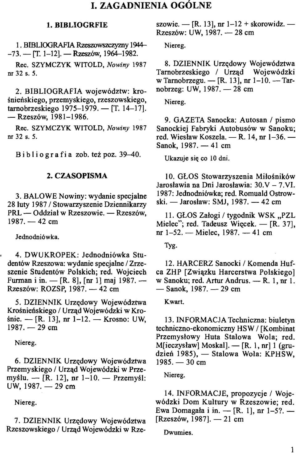 Bibliografia zob. teipoz. 3940. 2. CZASOPISMA 3. BALOWE Nowiny: wydanie specjalne 28 luty 1987 I Stowarzyszenie Dziennikarzy PRL - Oddzial w Rzeszowie. - Rzeszow, 1987. - 42 cm 1 4.