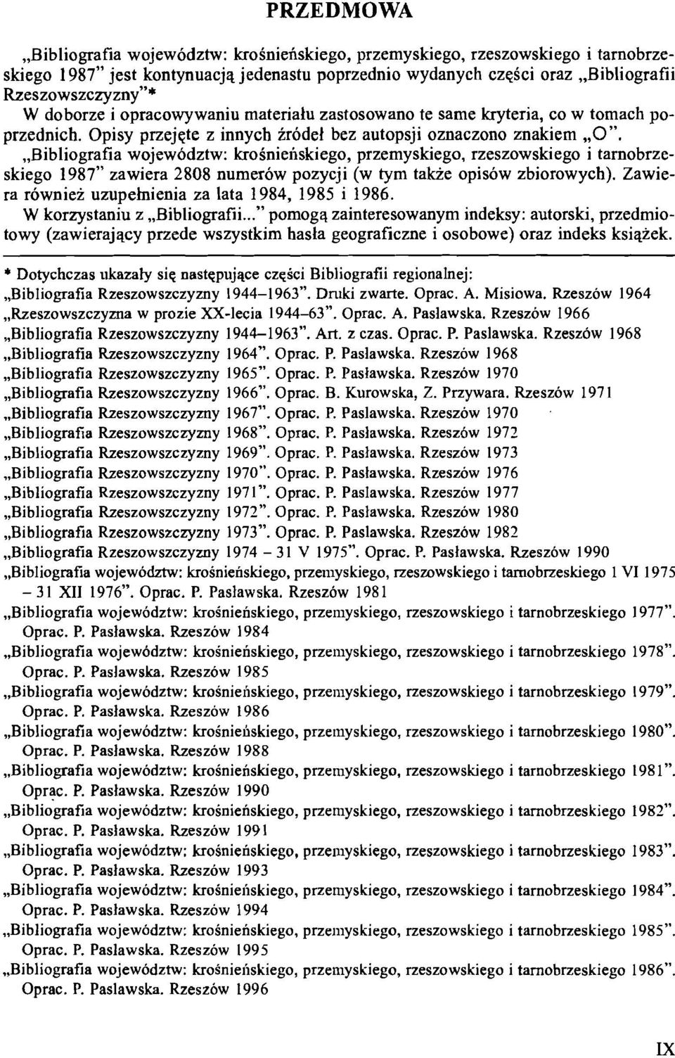 ,,bibliografia wojewodztw: krolnieiiskiego, przemyskiego, rzeszowskiego i tarnobrzeskiego 1987" zawiera 2808 numerow pozycji (w tym takie opisow zbiorowych).