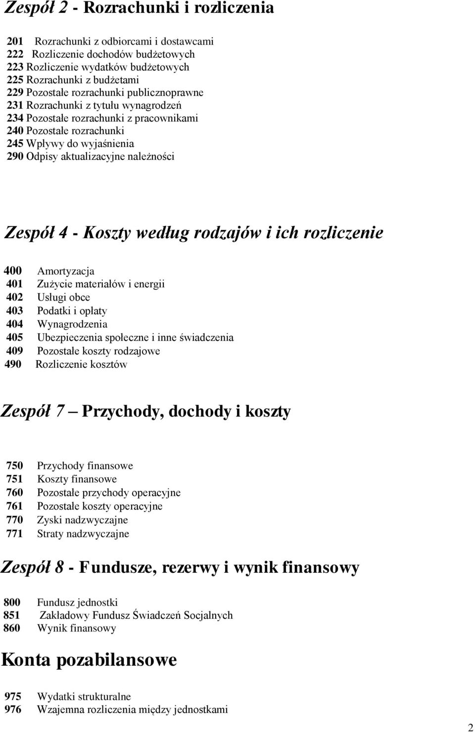 Zespół 4 - Koszty według rodzajów i ich rozliczenie 400 Amortyzacja 401 Zużycie materiałów i energii 402 Usługi obce 403 Podatki i opłaty 404 Wynagrodzenia 405 Ubezpieczenia społeczne i inne