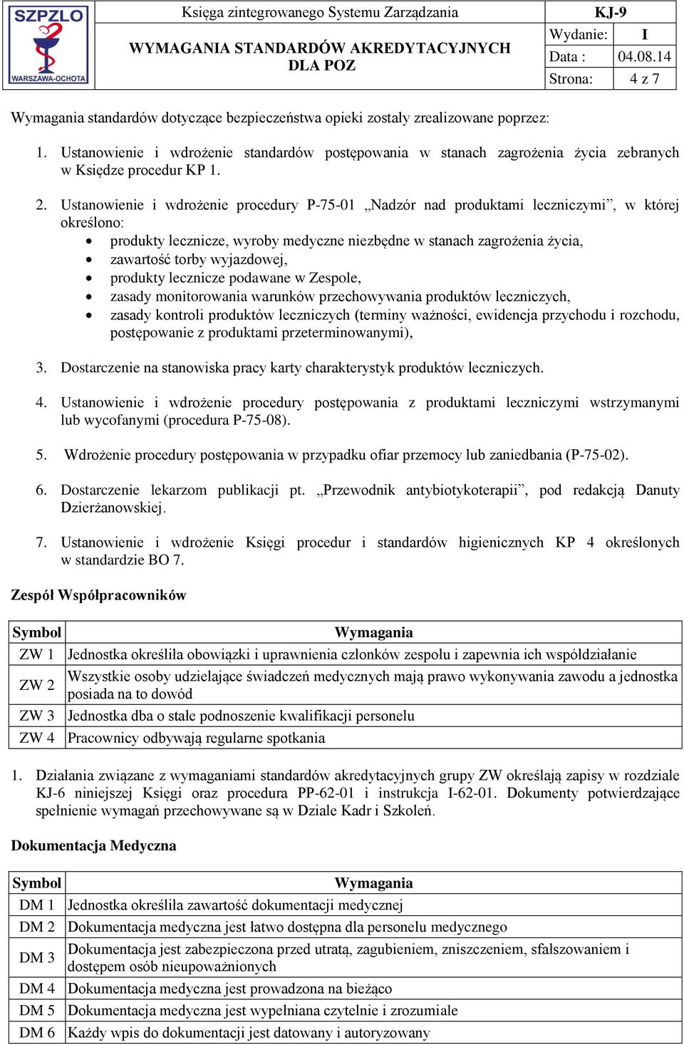 wyjazdowej, produkty lecznicze podawane w Zespole, zasady monitorowania warunków przechowywania produktów leczniczych, zasady kontroli produktów leczniczych (terminy ważności, ewidencja przychodu i