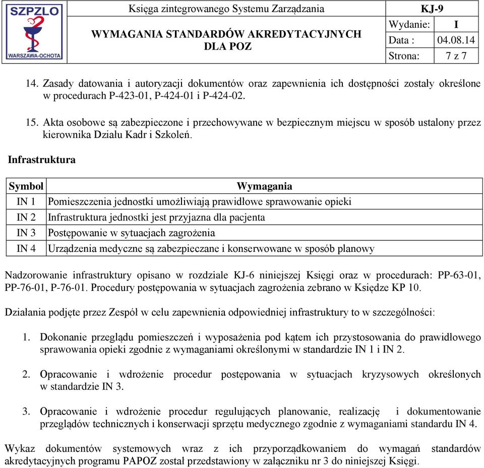 Infrastruktura IN 1 IN 2 IN 3 IN 4 Pomieszczenia jednostki umożliwiają prawidłowe sprawowanie opieki Infrastruktura jednostki jest przyjazna dla pacjenta Postępowanie w sytuacjach zagrożenia