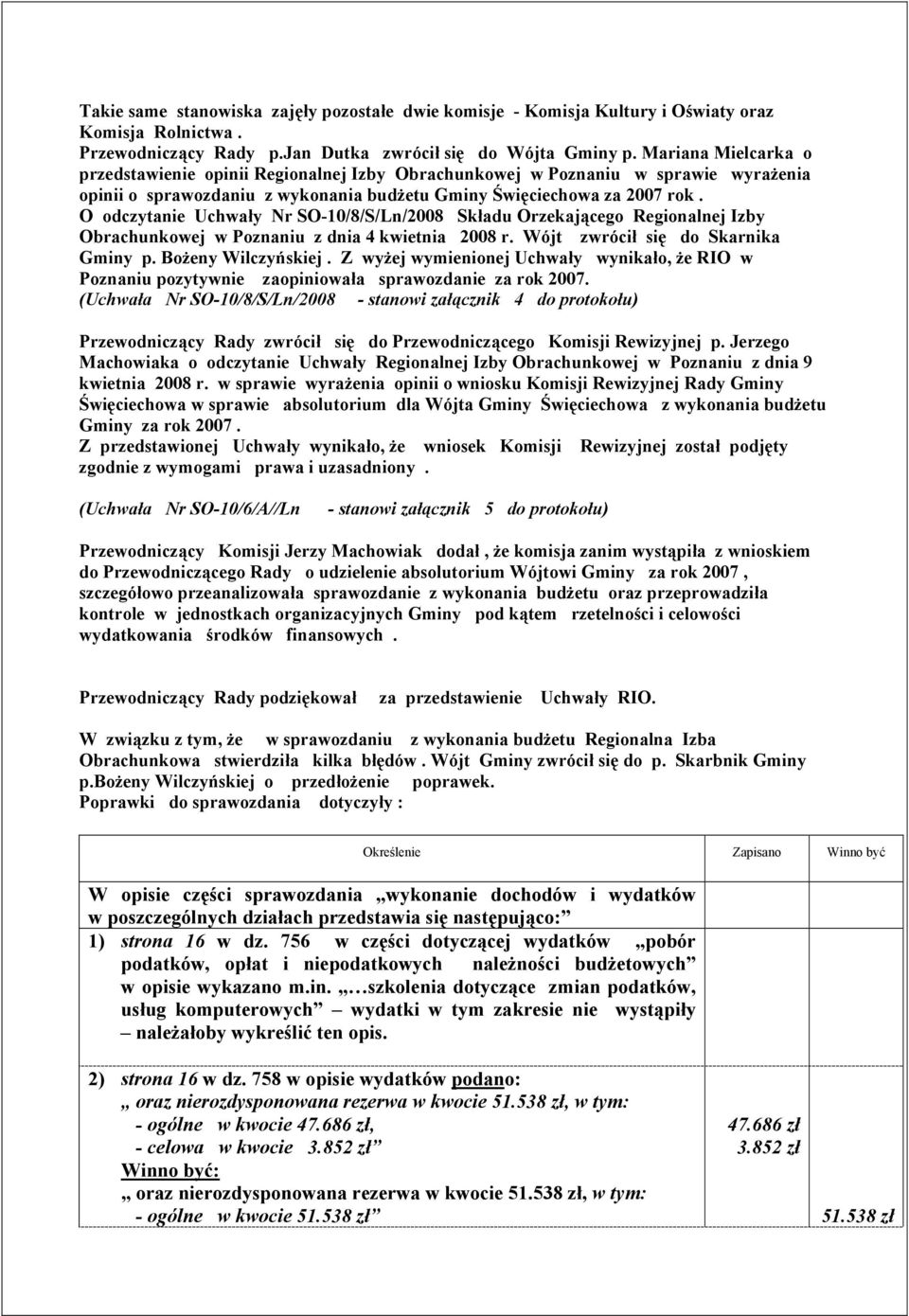 O odczytanie Uchwały Nr SO-10/8/S/Ln/2008 Składu Orzekającego Regionalnej Izby Obrachunkowej w Poznaniu z dnia 4 kwietnia 2008 r. Wójt zwrócił się do Skarnika Gminy p. Bożeny Wilczyńskiej.