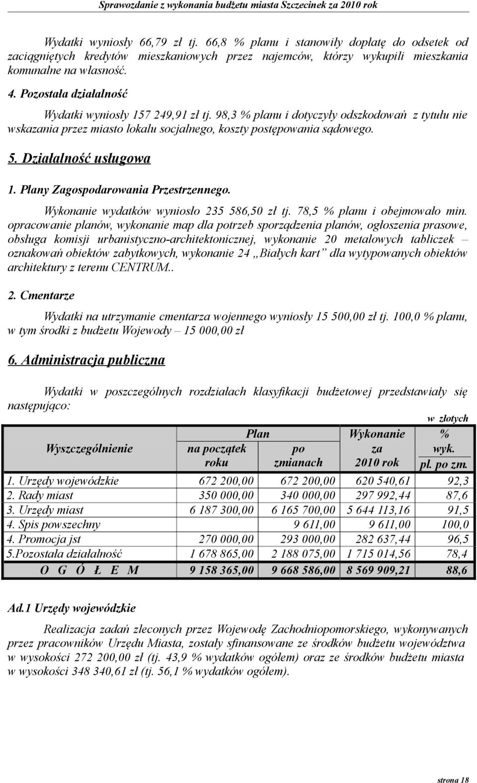 Działalność usługowa 1. Plany Zagospodarowania Przestrzennego. Wykonanie wydatków wyniosło 235 586,50 zł tj. 78,5 % planu i obejmowało min.