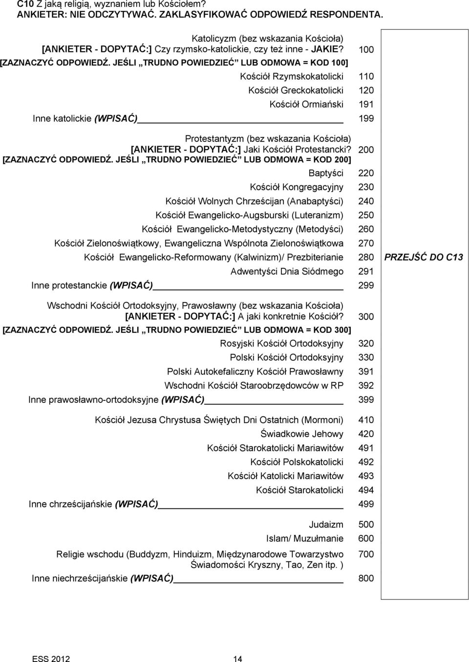 JEŚLI TRUDNO POWIEDZIEĆ LUB ODMOWA = KOD 100] 100 Kościół Rzymskokatolicki 110 Kościół Greckokatolicki 120 Kościół Ormiański 191 Inne katolickie (WPISAĆ) 199 Protestantyzm (bez wskazania Kościoła)