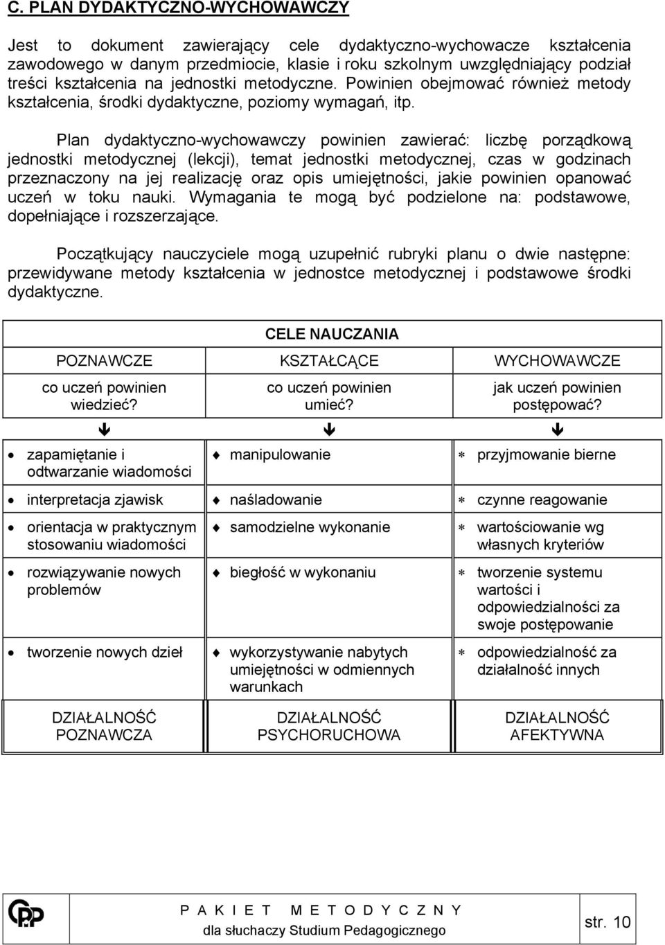 Plan dydaktyczno-wychowawczy powinien zawierać: liczbę porządkową jednostki metodycznej (lekcji), temat jednostki metodycznej, czas w godzinach przeznaczony na jej realizację oraz opis umiejętności,