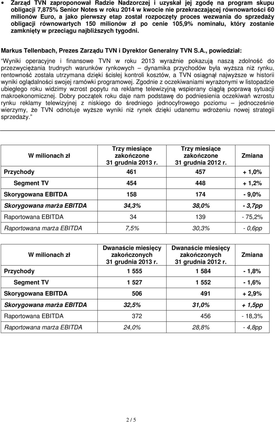 Markus Tellenbach, Prezes Zarządu TVN i Dyrektor Generalny TVN S.A.