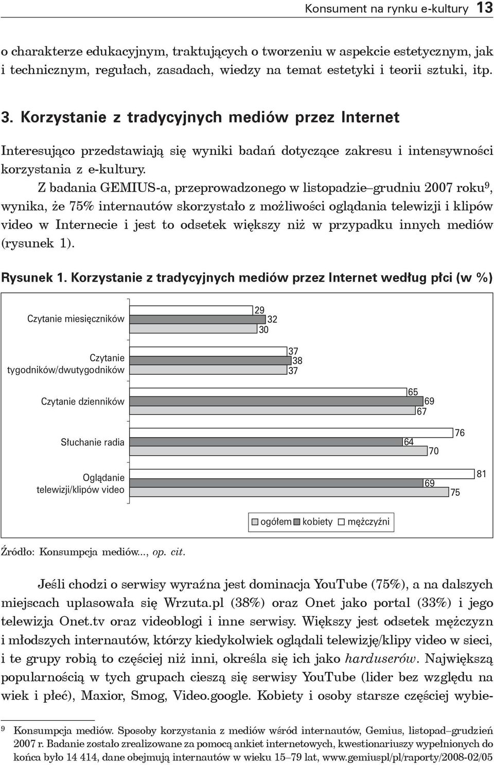 Z badania GEMIUS-a, przeprowadzonego w listopadzie grudniu 2007 roku 9, wynika, że 75% internautów skorzystało z możliwości oglądania telewizji i klipów video w Internecie i jest to odsetek większy