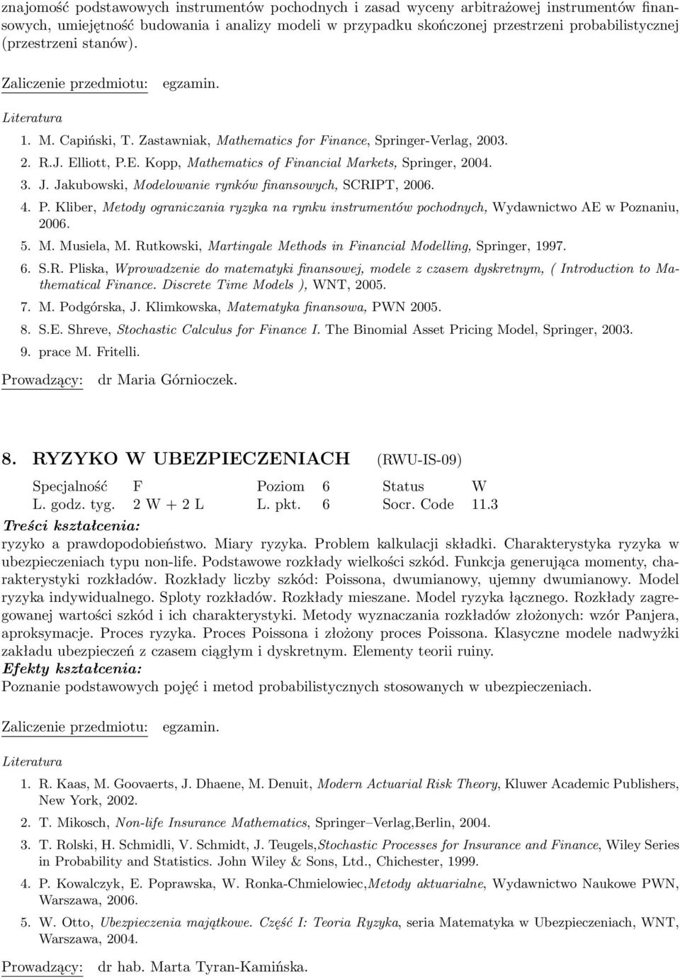 Jakubowski, Modelowanie rynków finansowych, SCRIPT, 2006. 4. P. Kliber, Metody ograniczania ryzyka na rynku instrumentów pochodnych, Wydawnictwo AE w Poznaniu, 2006. 5. M. Musiela, M.