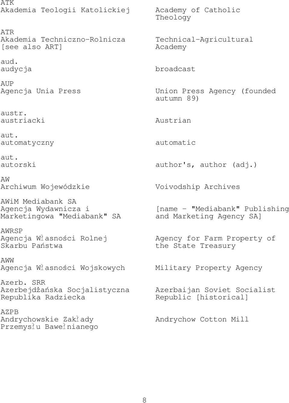 SRR Azerbejdzańska Socjalistyczna Republika Radziecka AZPB Andrychowskie Zak ady Przemys u Bawe nianego Academy of Catholic Theology Technical-Agricultural Academy broadcast Union Press Agency