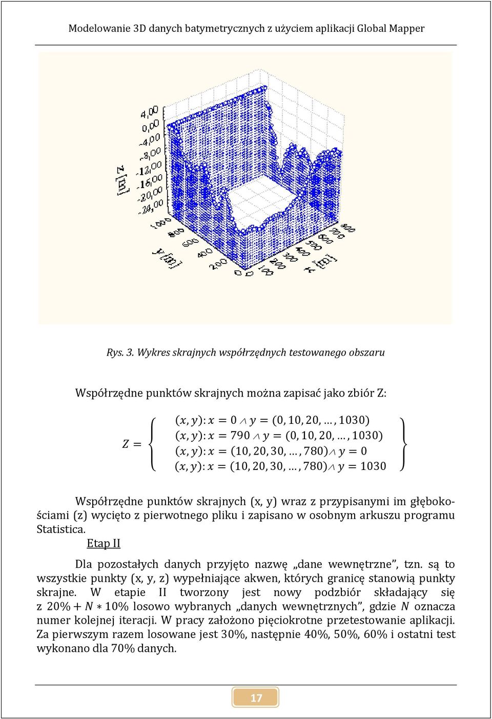 Wykres skrajnych współrzędnych testowanego obszaru Współrzędne punktów skrajnych można zapisać jako zbiór Z: Współrzędne punktów skrajnych (x, y) wraz z przypisanymi im głębokościami (z) wycięto