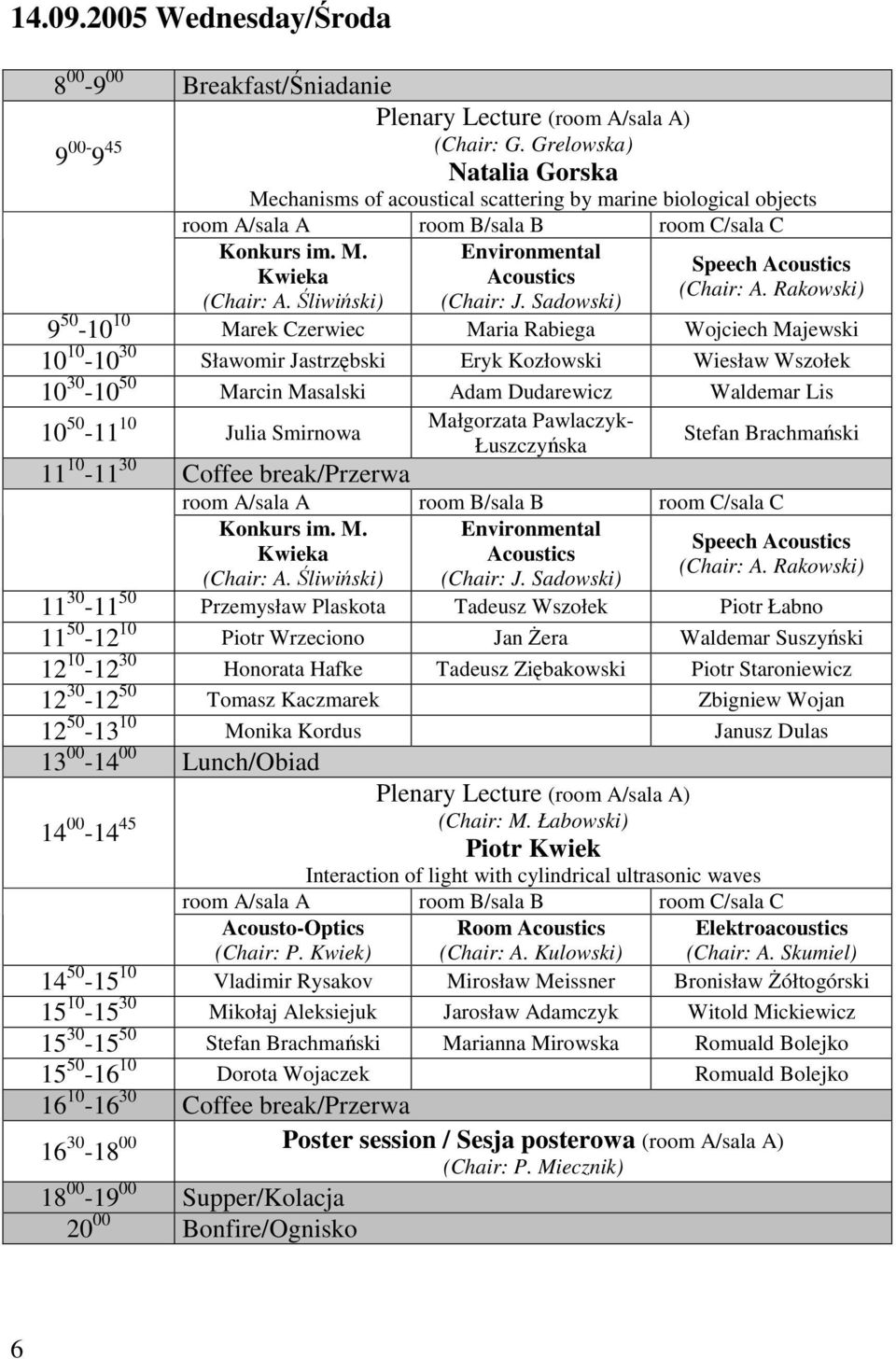 liwiski) Environmental Acoustics (Chair: J. Sadowski) Speech Acoustics (Chair: A.