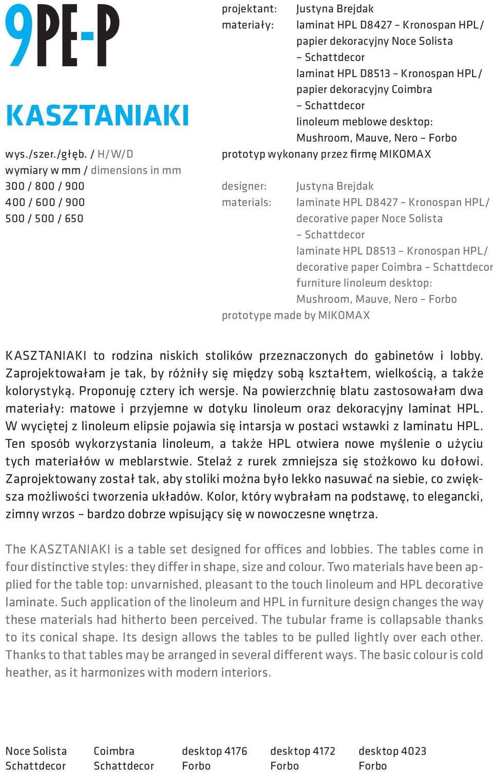 Schattdecor laminat HPL D8513 Kronospan HPL/ papier dekoracyjny Coimbra Schattdecor linoleum meblowe desktop: Mushroom, Mauve, Nero Forbo prototyp wykonany przez firmę MIKOMAX designer: Justyna