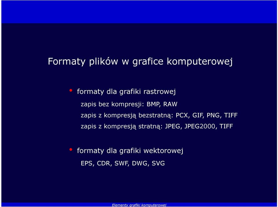 bezstratną: PCX, GIF, PNG, TIFF zapis z kompresją stratną: