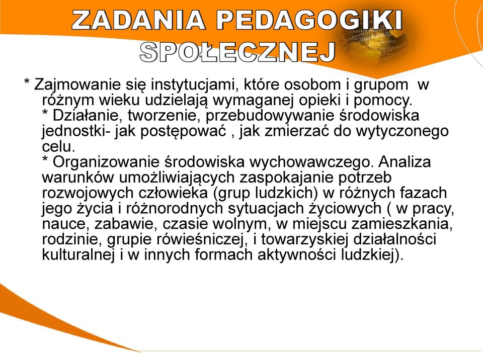 * Organizowanie środowiska wychowawczego.