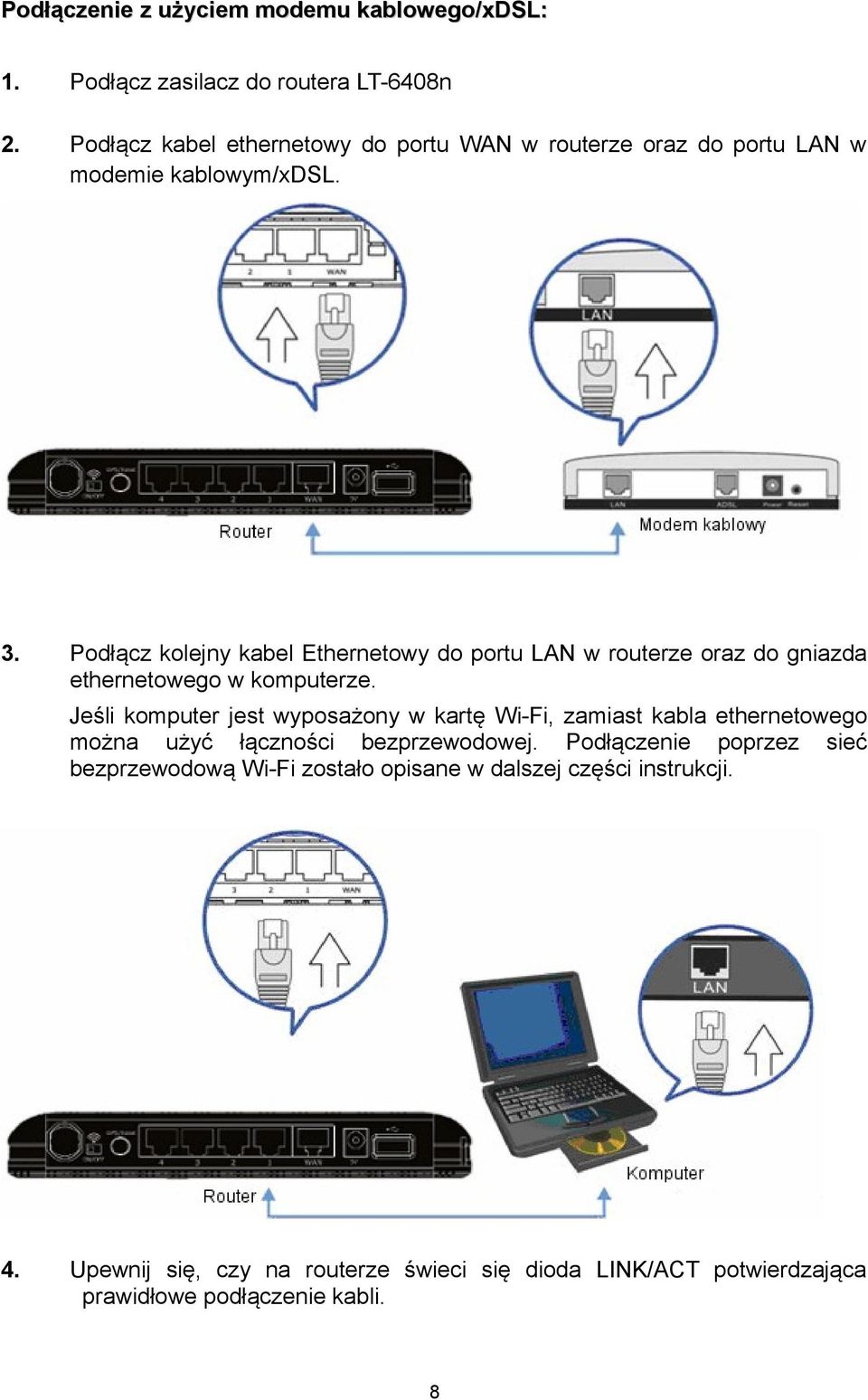 Podłącz kolejny kabel Ethernetowy do portu LAN w routerze oraz do gniazda ethernetowego w komputerze.