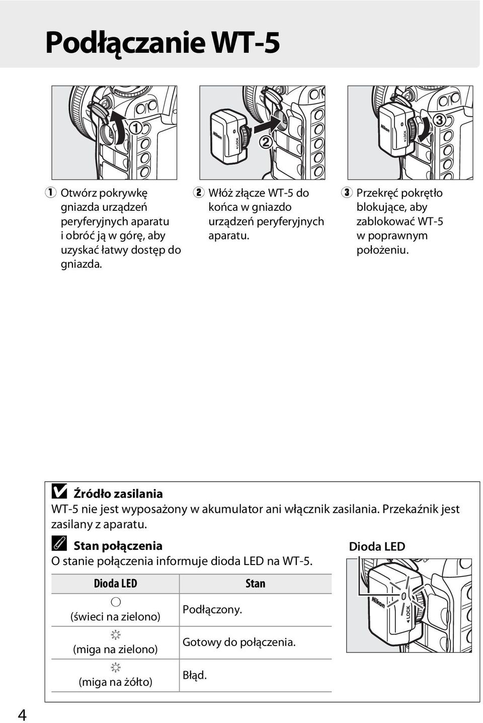 D Źródło zasilania WT-5 nie jest wyposażony w akumulator ani włącznik zasilania. Przekaźnik jest zasilany z aparatu.