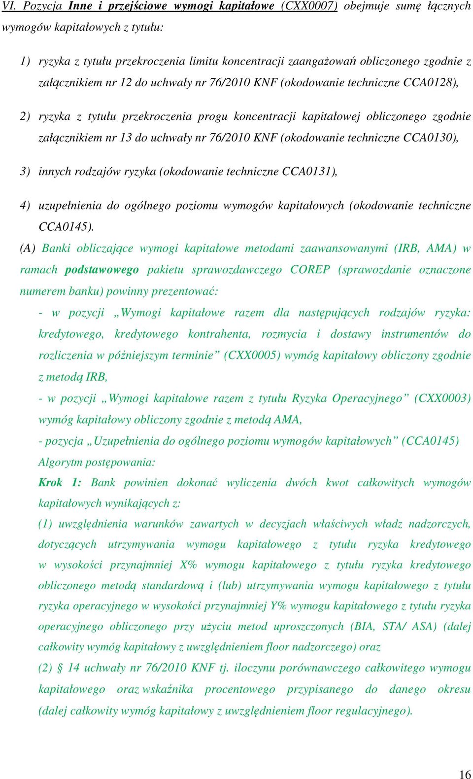 76/2010 KNF (okodowanie techniczne CCA0130), 3) innych rodzajów ryzyka (okodowanie techniczne CCA0131), 4) uzupełnienia do ogólnego poziomu wymogów kapitałowych (okodowanie techniczne CCA0145).