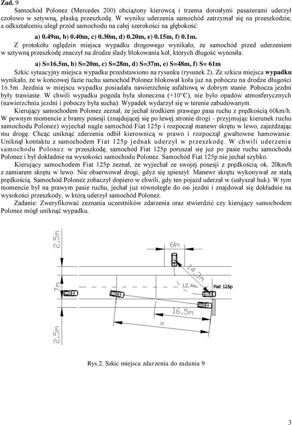 Z protokółu oględzin miejsca wypadku drogowego wynikało, że samochód przed uderzeniem w sztywną przeszkodę znaczył na drodze ślady blokowania kół, których długość wynosiła: a) S=16.