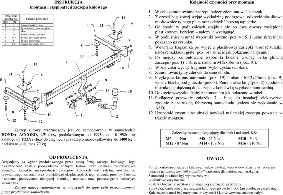 1 Kolejność czynności przy montaŝu 1. W celu zamontowania zaczepu naleŝy zdemontować zderzak. 2.