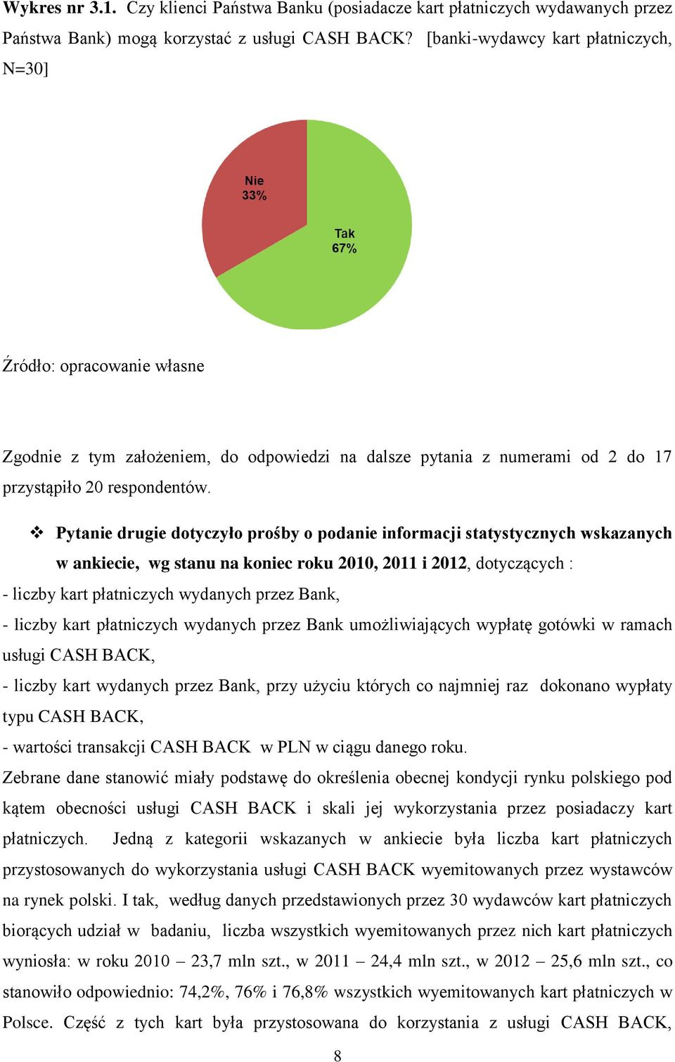 Pytanie drugie dotyczyło prośby o podanie informacji statystycznych wskazanych w ankiecie, wg stanu na koniec roku 2010, 2011 i 2012, dotyczących : - liczby kart płatniczych wydanych przez Bank, -